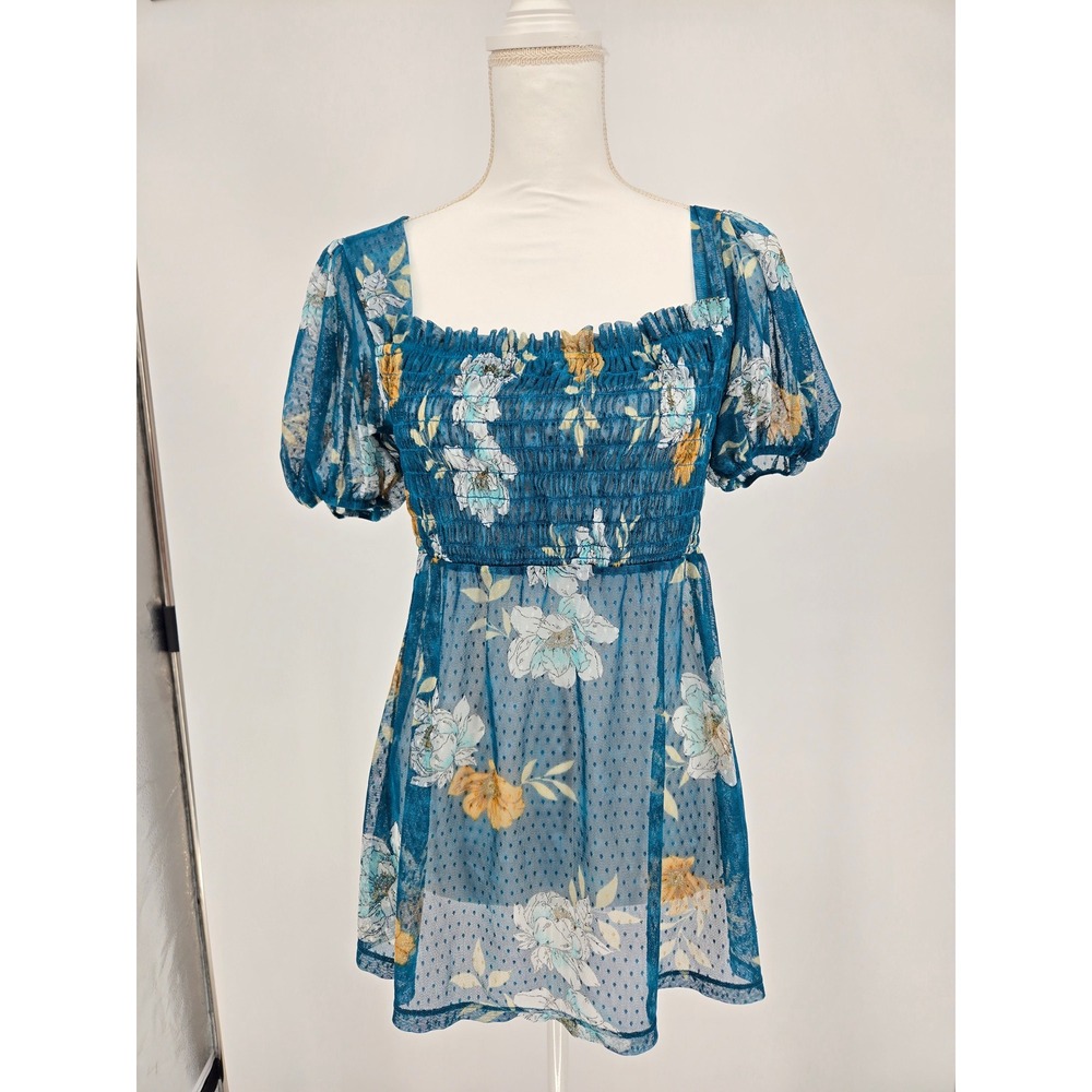 Meraki Teal Blue Floral Mesh Smocked Puff Sleeve Babydoll Top MT5403B332TMK M